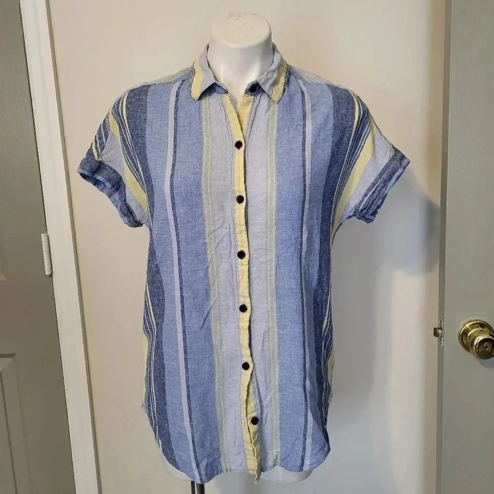 Beachlunchlounge Linen Blend Button Down Stripe Blouse(XS)
